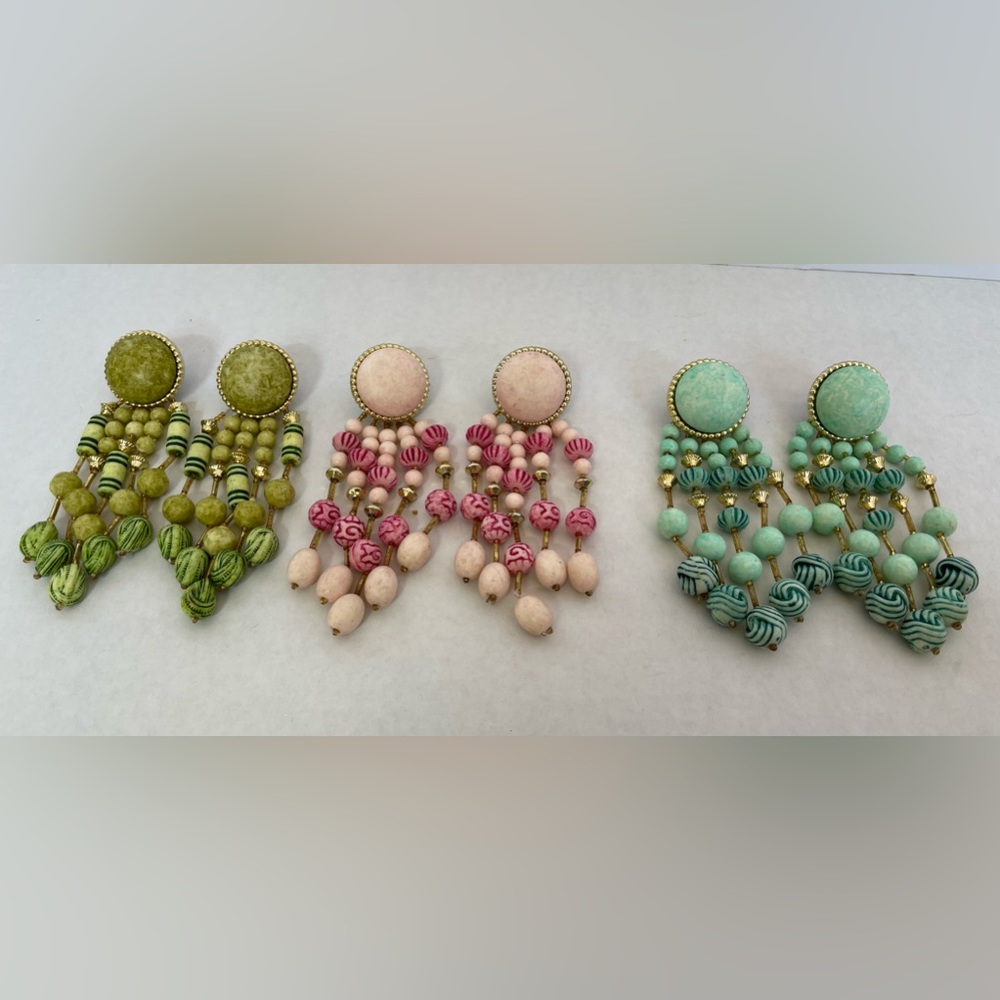 Vtg 80s 3 Pair Round Carved Dangle Plastic Beads Pierced Western Earrings